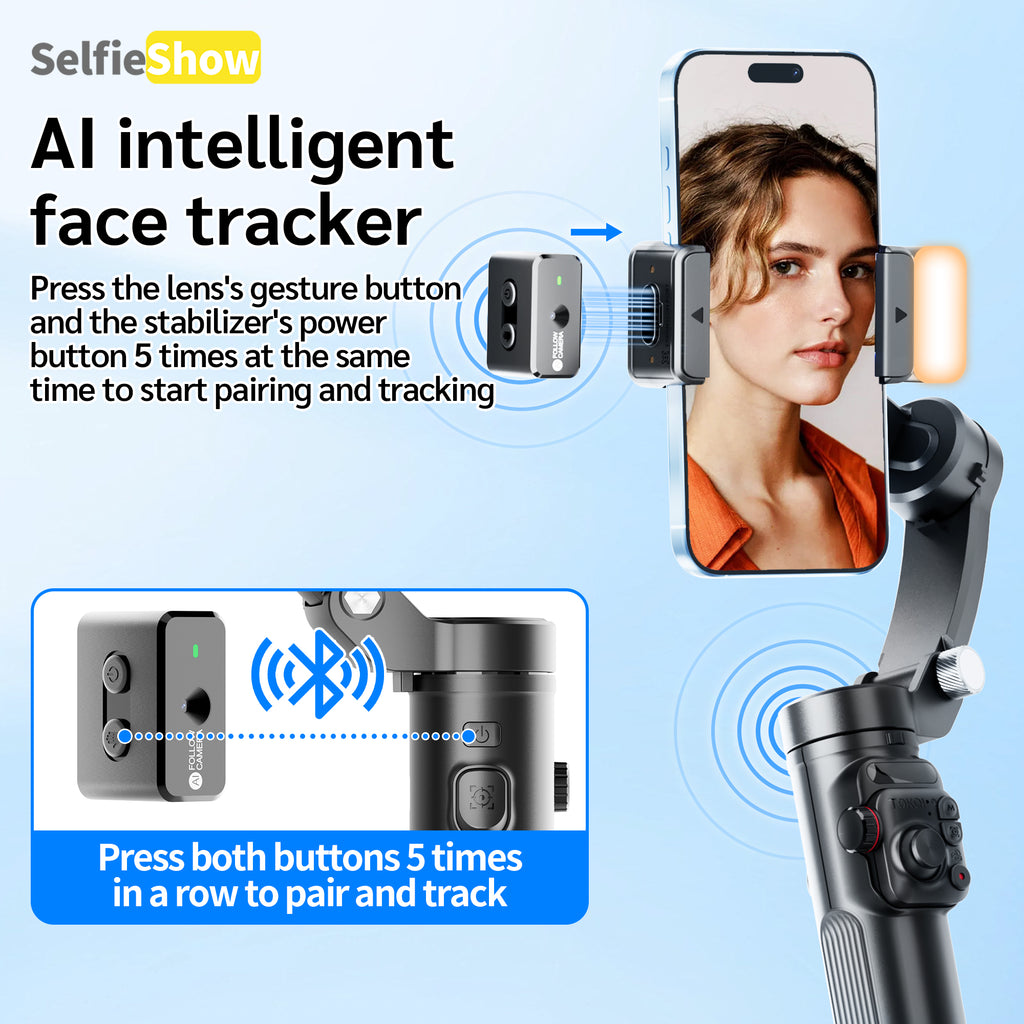 AI Face Tracking Gimbal Stabilizer – 3-Axis Stabilization, Gesture Control & Built-In Fill Light