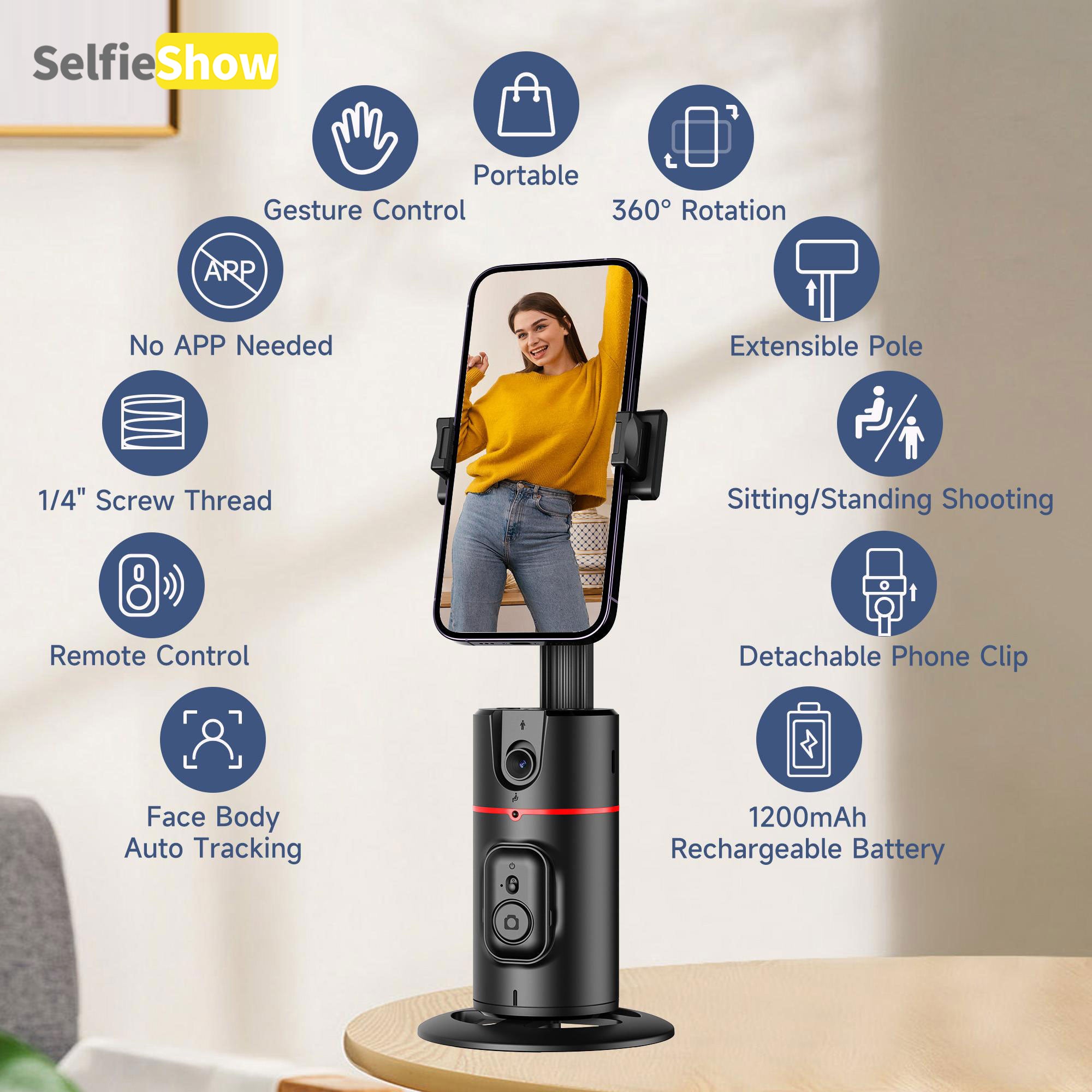 360° AI Face Tracking Phone Holder, Gesture Control, No App Required