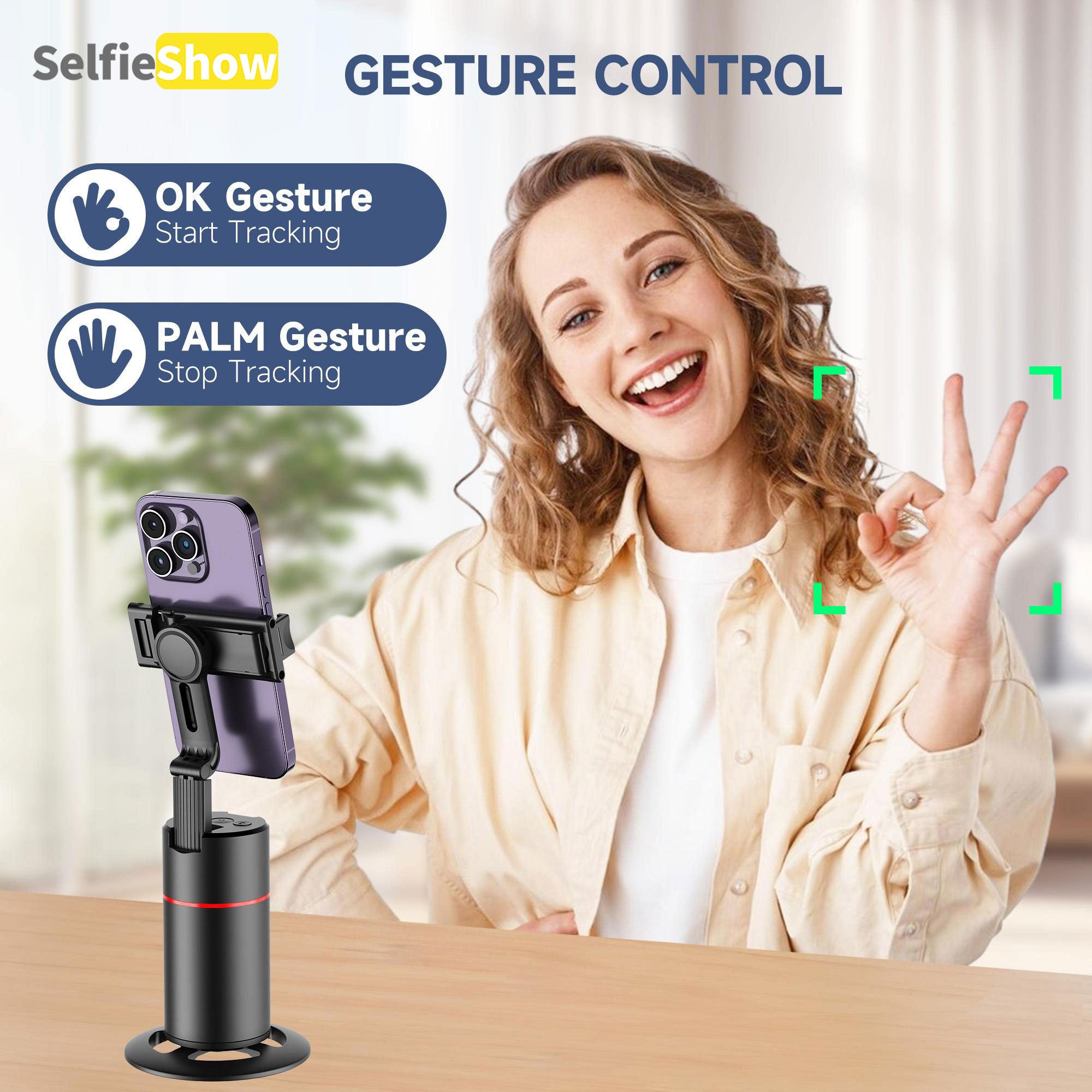 360° AI Face Tracking Phone Holder, Gesture Control, No App Required