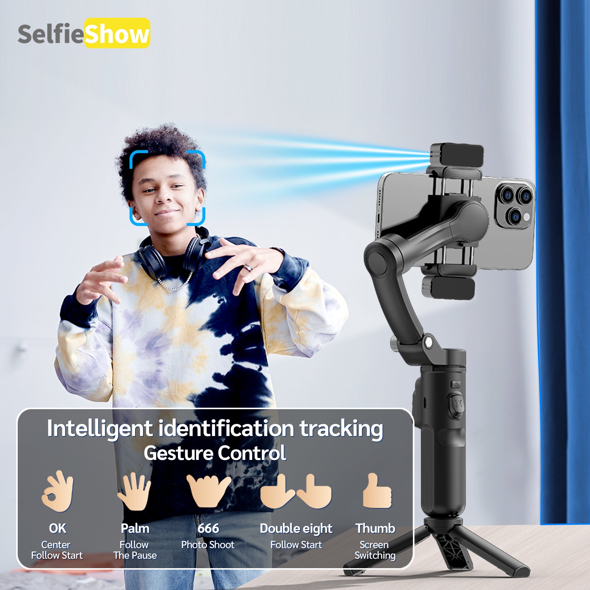AI Face Tracking Gimbal Stabilizer – 3-Axis Stabilization, Gesture Control & Built-In Fill Light