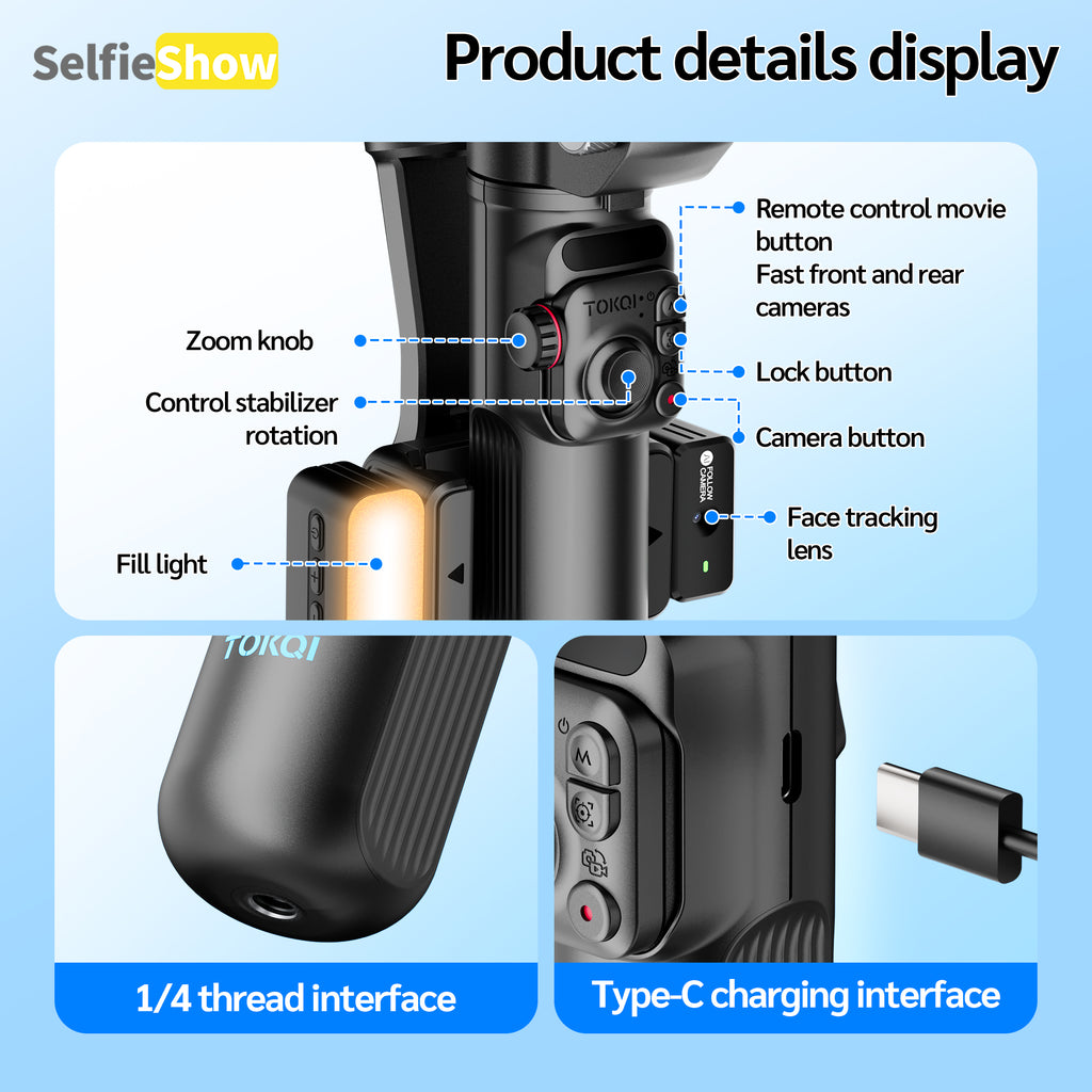 AI Face Tracking Gimbal Stabilizer – 3-Axis Stabilization, Gesture Control & Built-In Fill Light