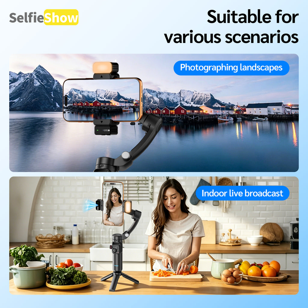 AI Face Tracking Gimbal Stabilizer – 3-Axis Stabilization, Gesture Control & Built-In Fill Light