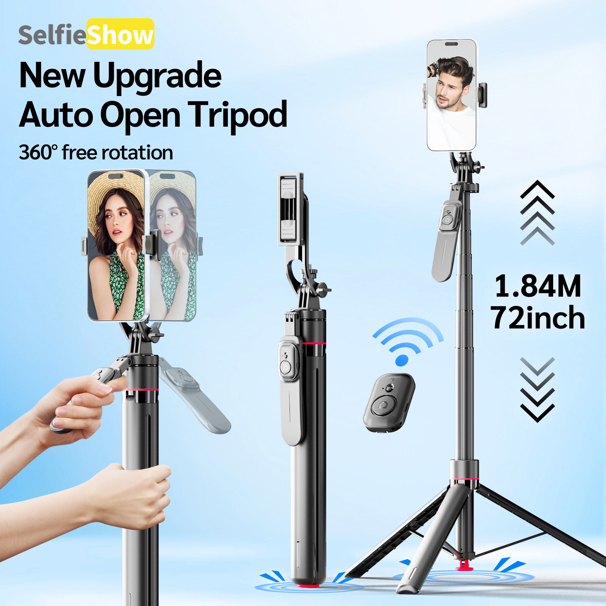 69" Auto Pop-Up Tripod Selfie Stick, 1.77m All-in-One Aluminum Phone Tripod with Balance Handle, Detachable Clamp & 1/4" Mount Compatibility