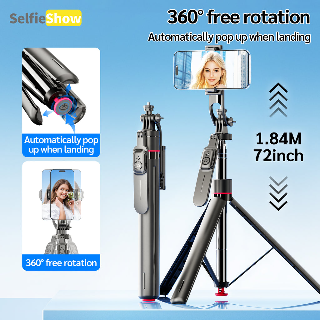 69" Auto Pop-Up Tripod Selfie Stick, 1.75m All-in-One Phone Tripod with Remote, Anti-Wobble Handle & 360° Adjustable Mount