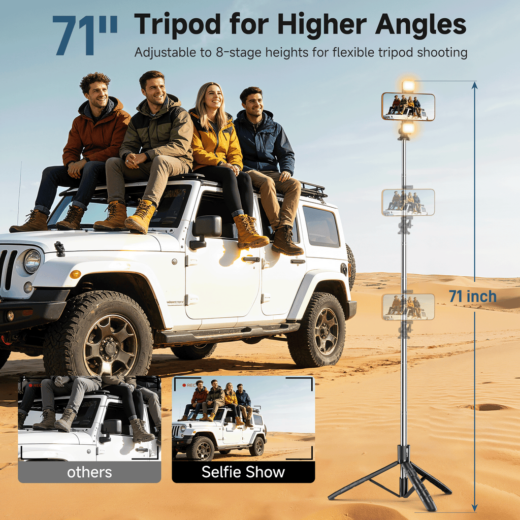 71" Bluetooth Selfie Stick Tripod with 6-Level LED Fill Light & Remote, Heavy-Duty 360° Phone Stand for iPhone & Android