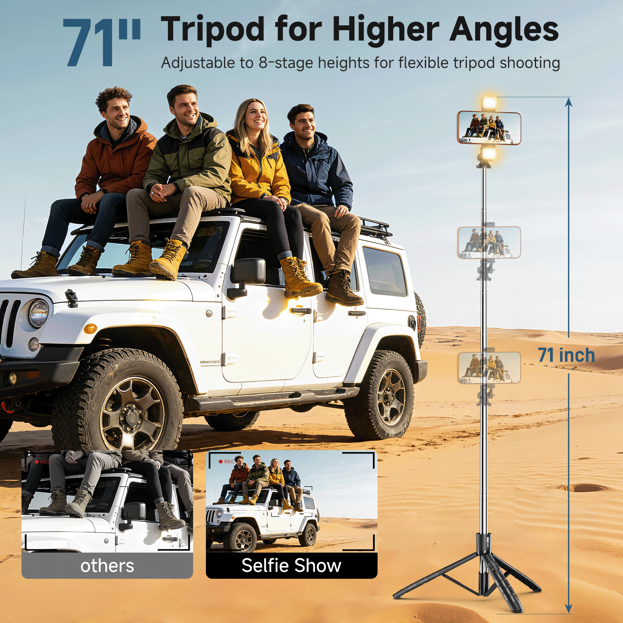 71" Bluetooth Selfie Stick Tripod with 6-Level LED Fill Light & Remote, Heavy-Duty 360° Phone Stand for iPhone & Android