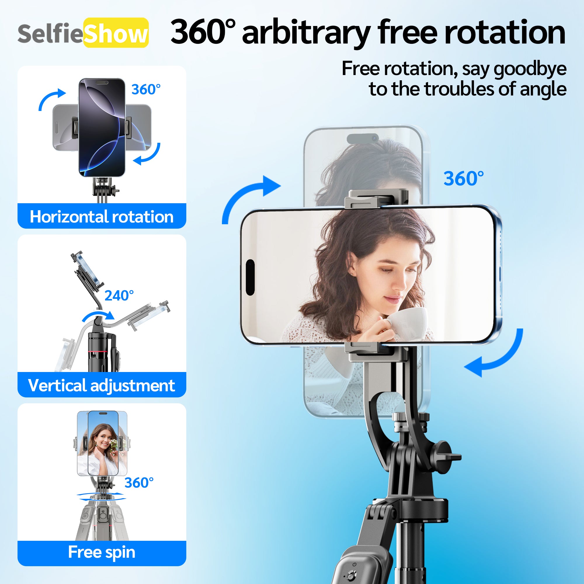 69" Auto Pop-Up Tripod Selfie Stick, 1.77m All-in-One Aluminum Phone Tripod with Balance Handle, Detachable Clamp & 1/4" Mount Compatibility