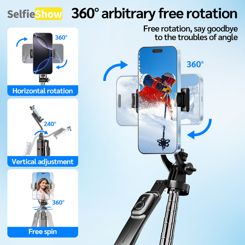 69" Auto Pop-Up Tripod Selfie Stick, 1.75m All-in-One Phone Tripod with Remote, Anti-Wobble Handle & 360° Adjustable Mount