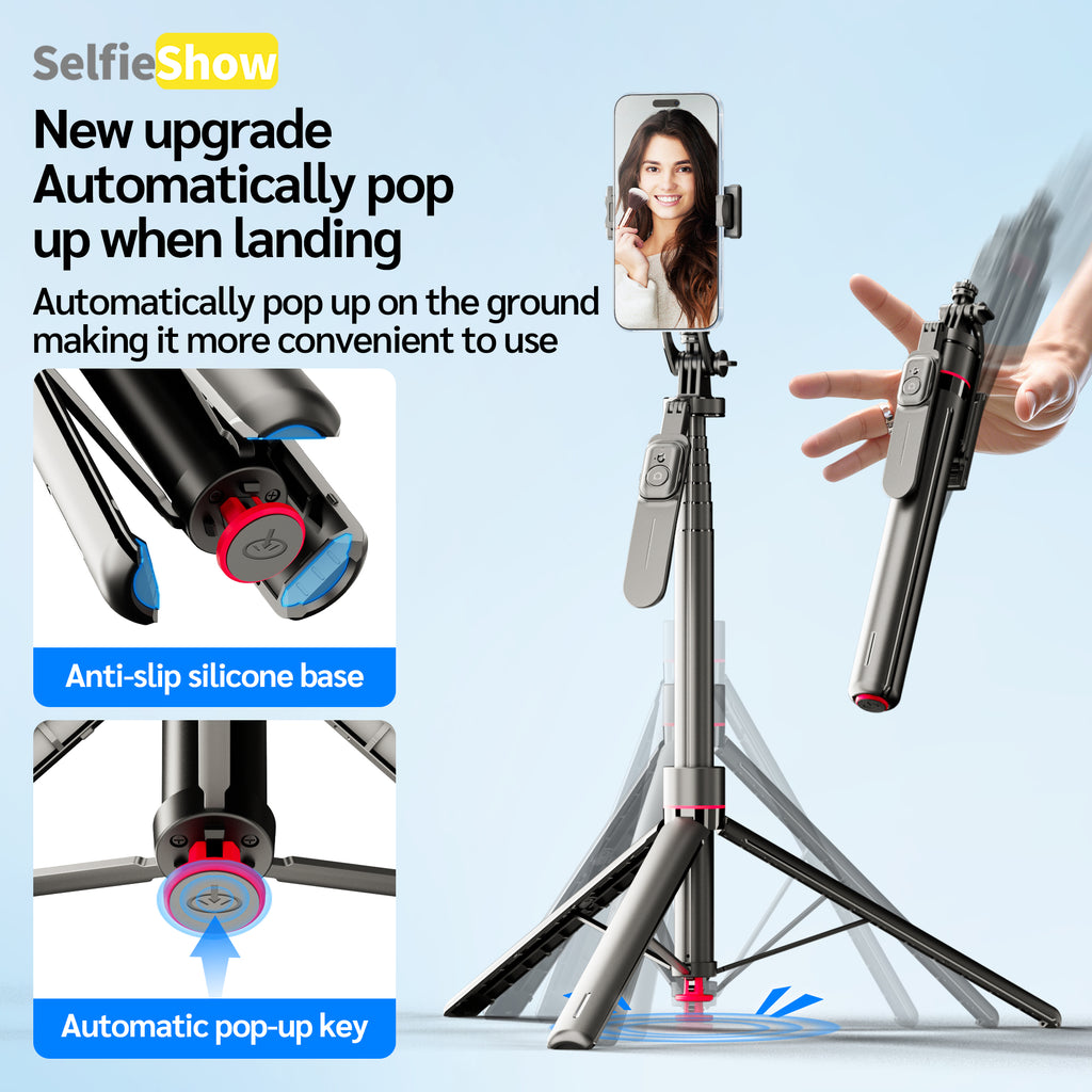 69" Auto Pop-Up Tripod Selfie Stick, 1.77m All-in-One Aluminum Phone Tripod with Balance Handle, Detachable Clamp & 1/4" Mount Compatibility