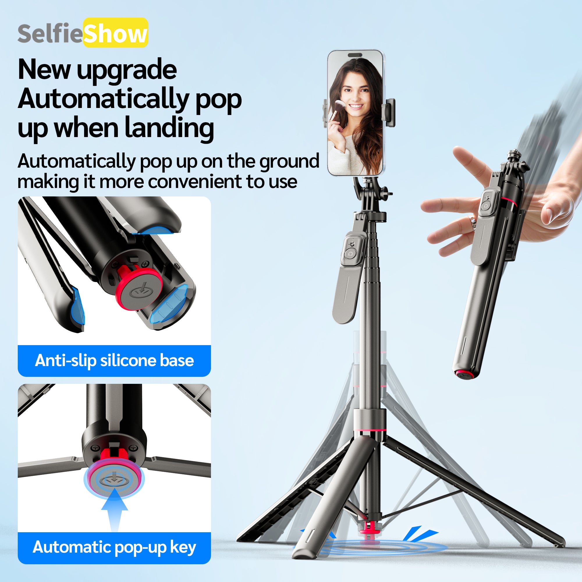 69" Auto Pop-Up Tripod Selfie Stick, 1.77m All-in-One Aluminum Phone Tripod with Balance Handle, Detachable Clamp & 1/4" Mount Compatibility