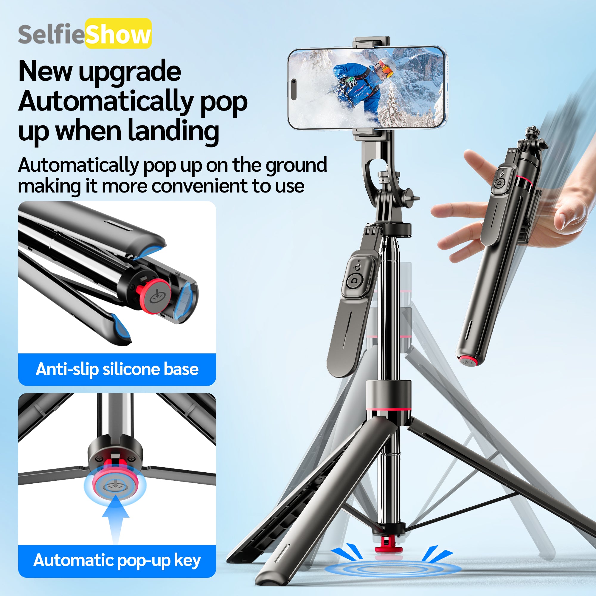 69" Auto Pop-Up Tripod Selfie Stick, 1.75m All-in-One Phone Tripod with Remote, Anti-Wobble Handle & 360° Adjustable Mount