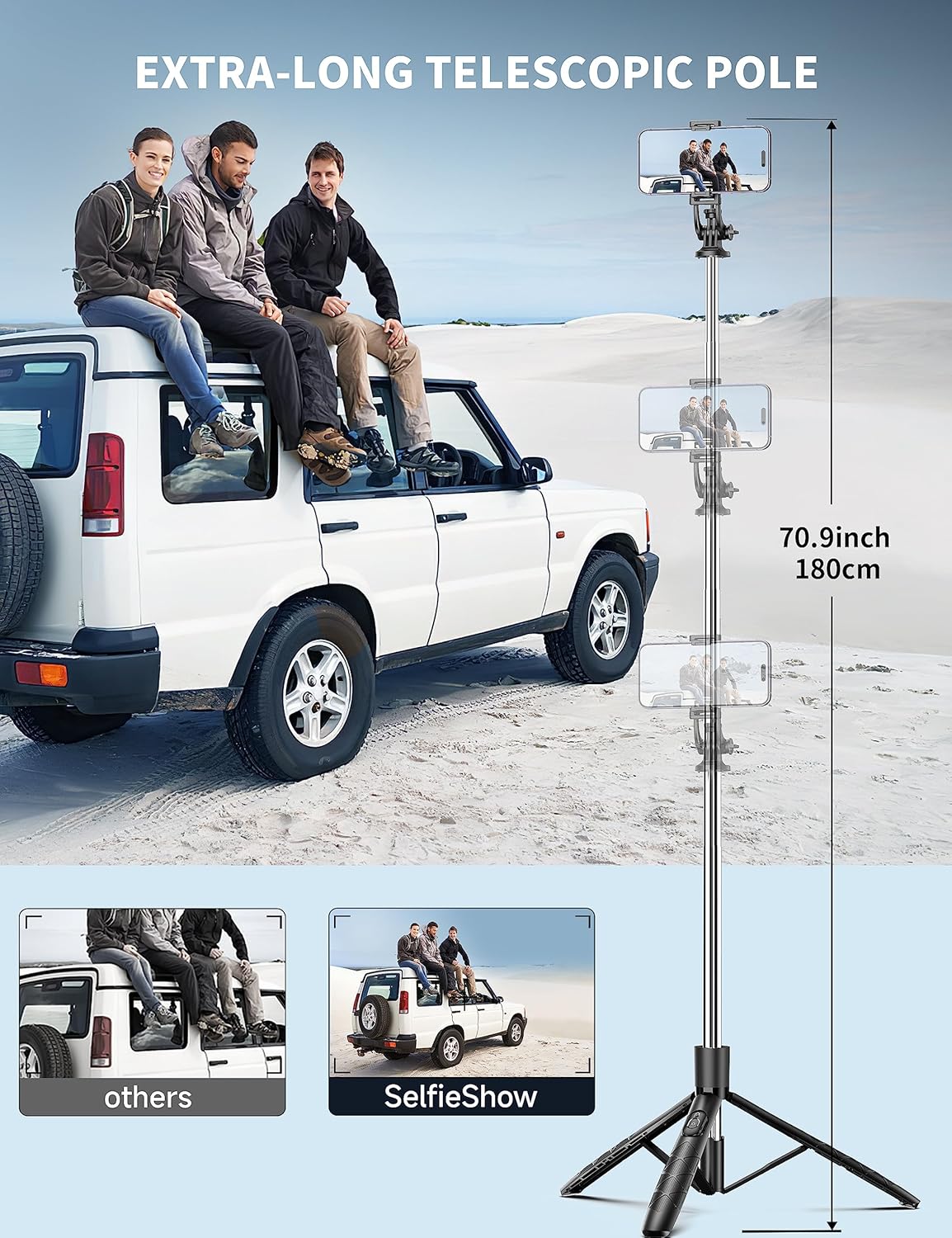 71" Heavy-Duty Bluetooth Selfie Stick Tripod with Remote, 360° Rotating Phone Stand for iPhone & Android