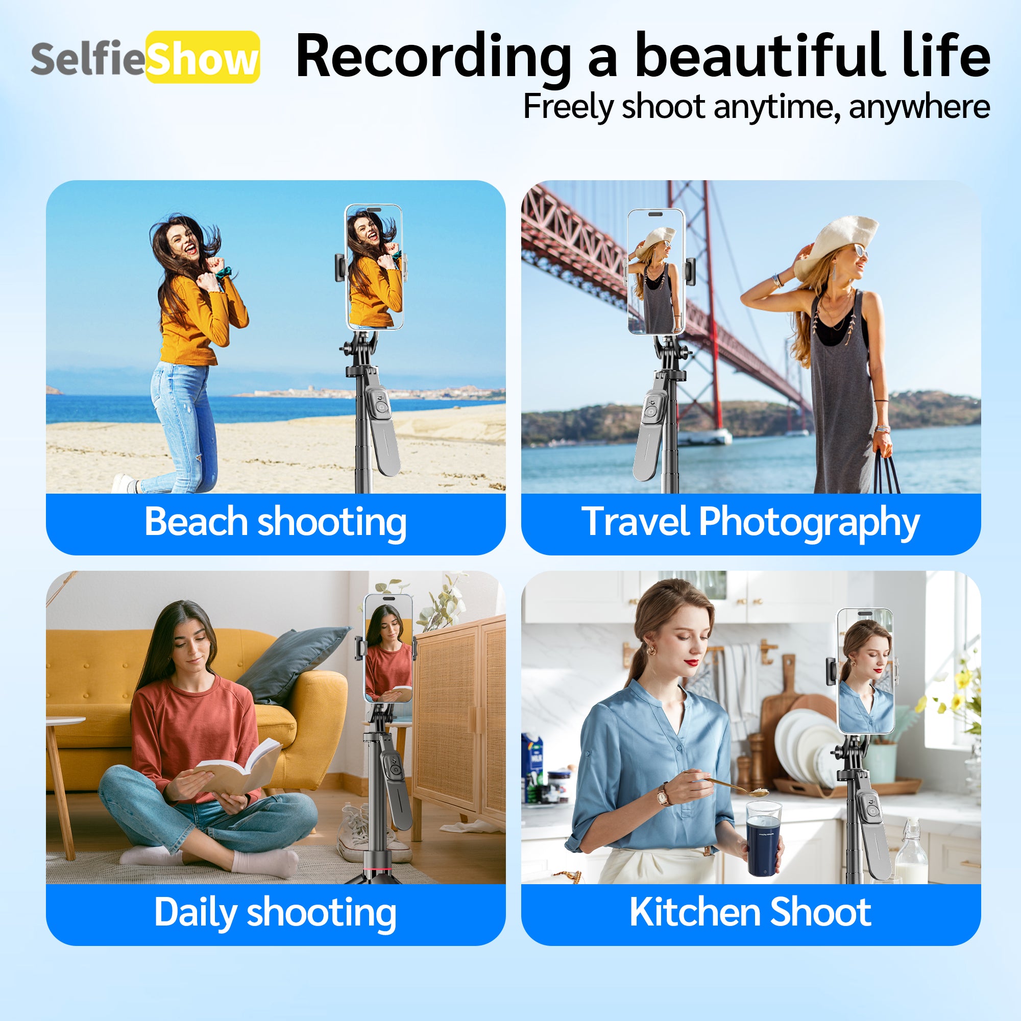 69" Auto Pop-Up Tripod Selfie Stick, 1.77m All-in-One Aluminum Phone Tripod with Balance Handle, Detachable Clamp & 1/4" Mount Compatibility