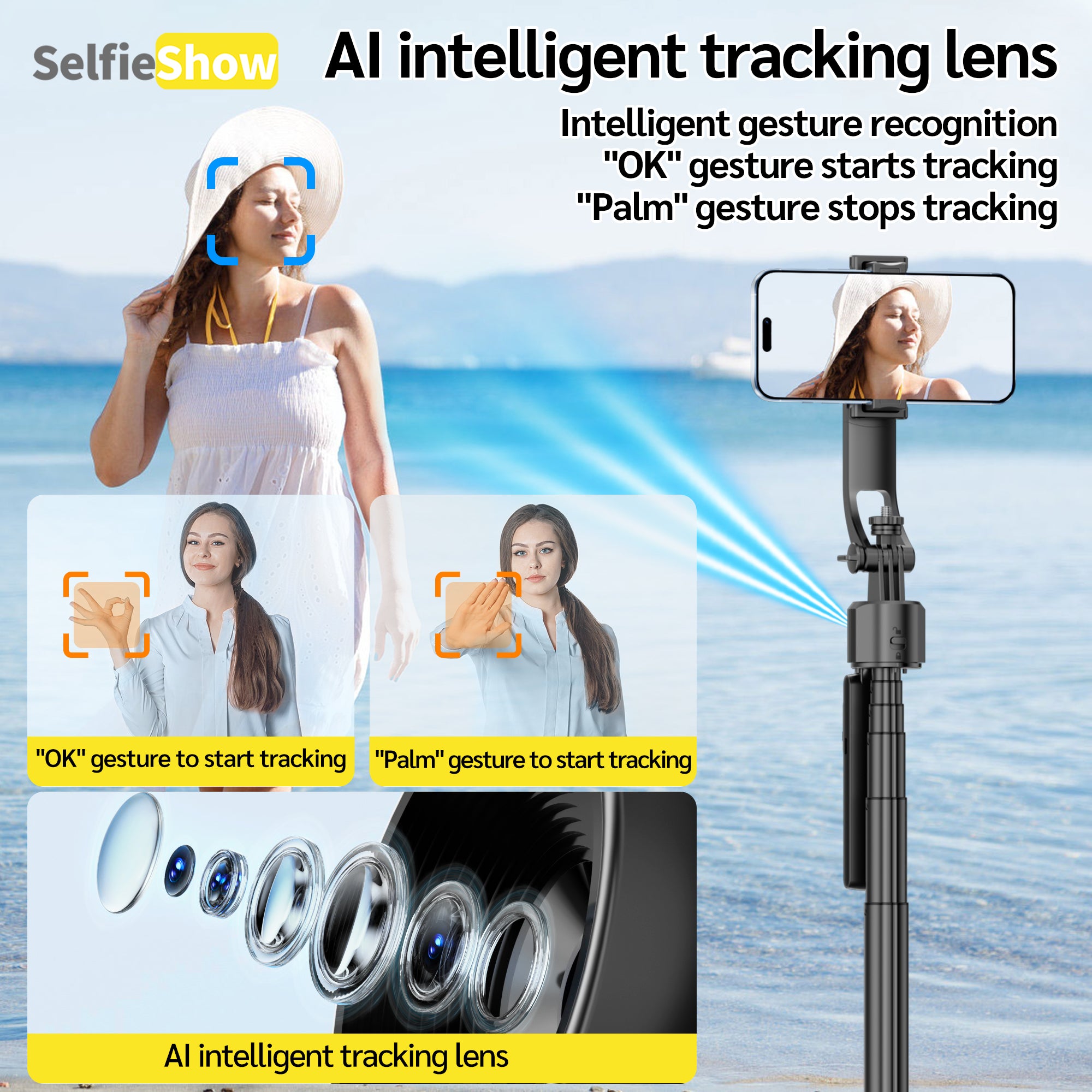 70in AI Face Tracking Tripod with Remote & Gesture Control