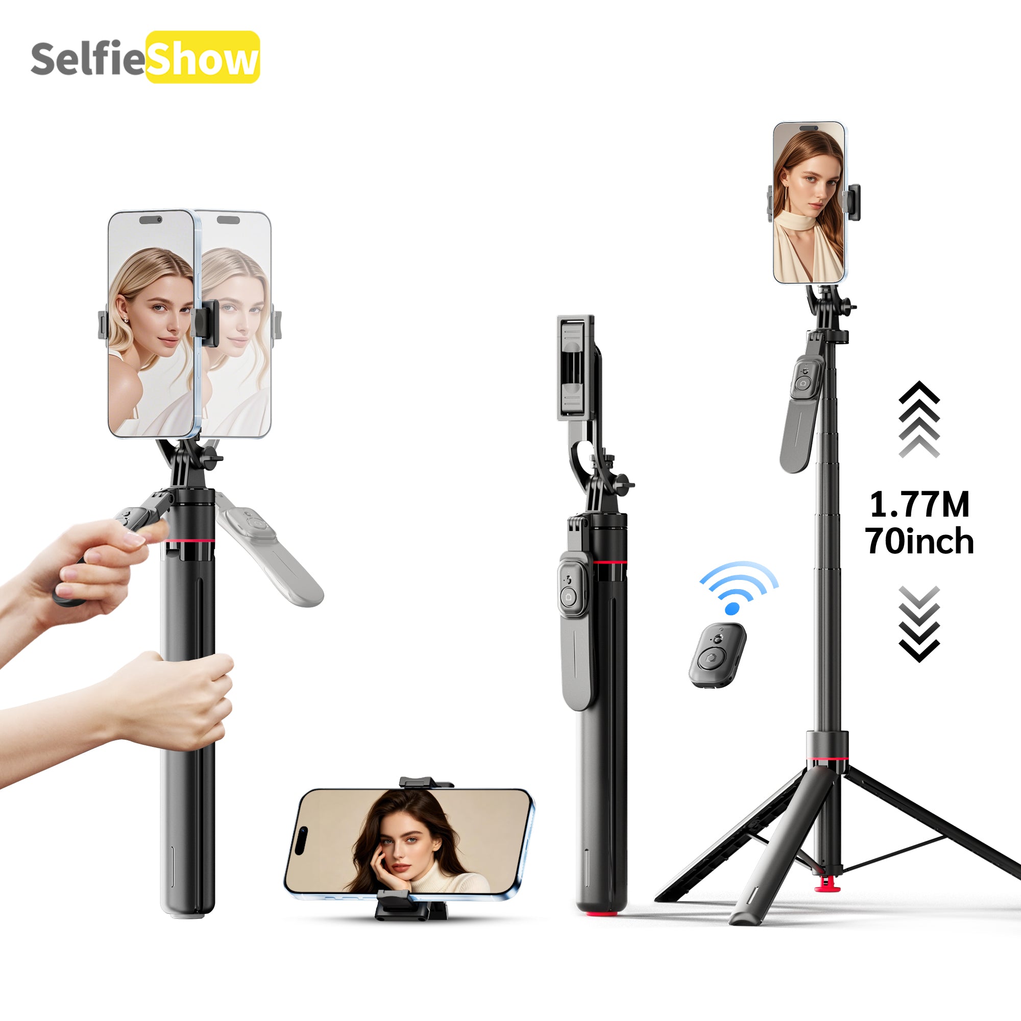 69" Auto Pop-Up Tripod Selfie Stick, 1.77m All-in-One Aluminum Phone Tripod with Balance Handle, Detachable Clamp & 1/4" Mount Compatibility
