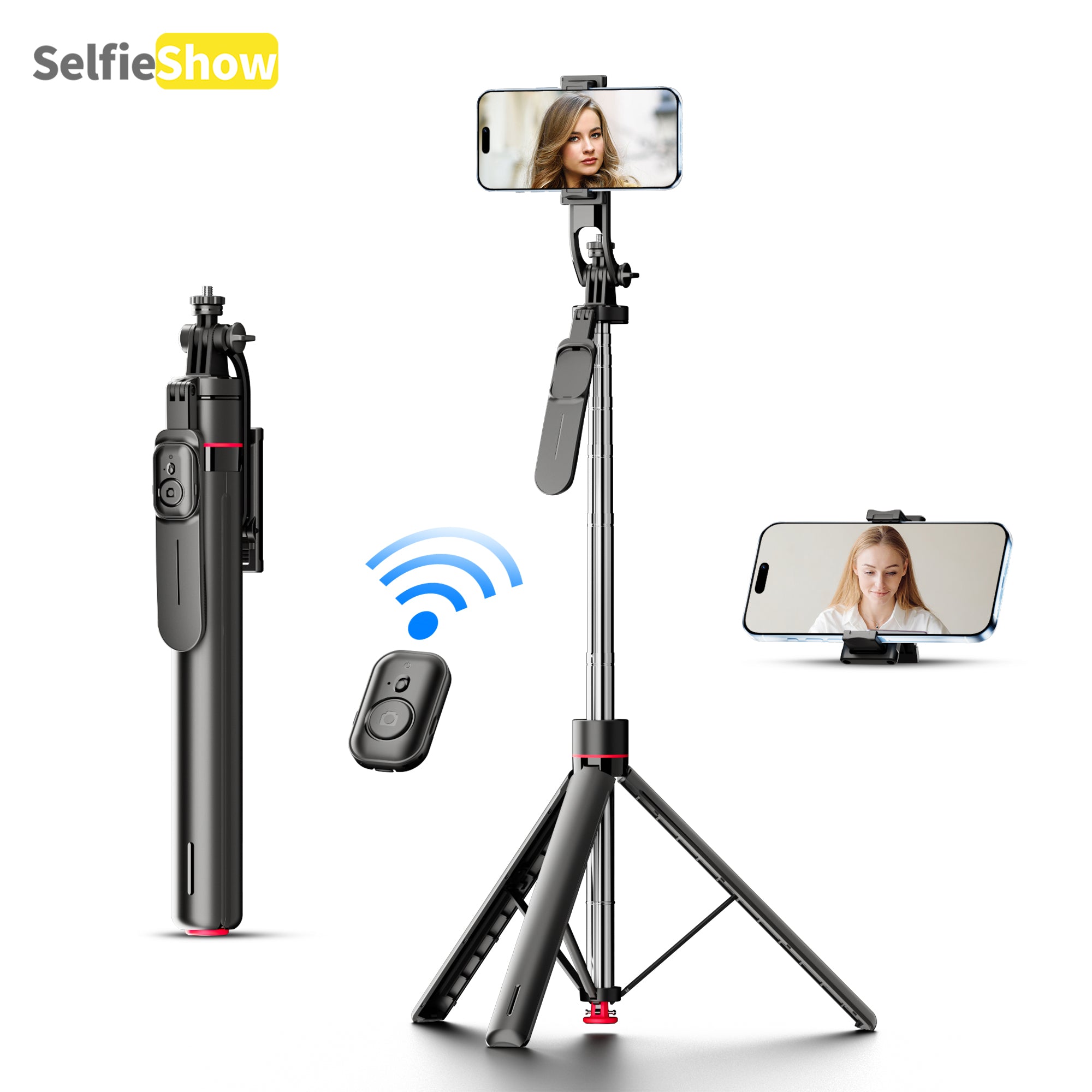 69" Auto Pop-Up Tripod Selfie Stick, 1.75m All-in-One Phone Tripod with Remote, Anti-Wobble Handle & 360° Adjustable Mount
